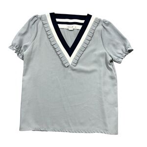 Molly Bracken Medium Grey White Navy V Neck Poof Sleeves‎ Short Sleeve